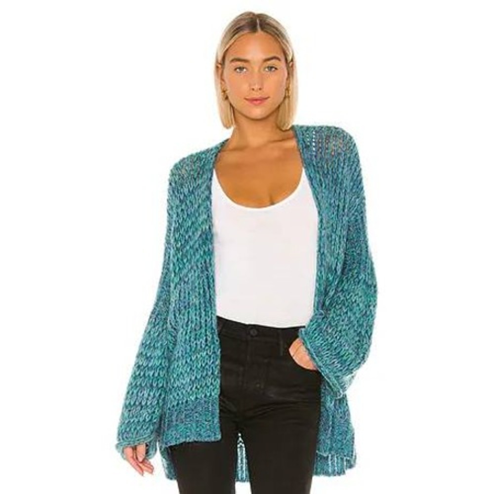 Free People Hometown Cardigan Sweater XS Blue Green Wool Alpaca Blend Flutter